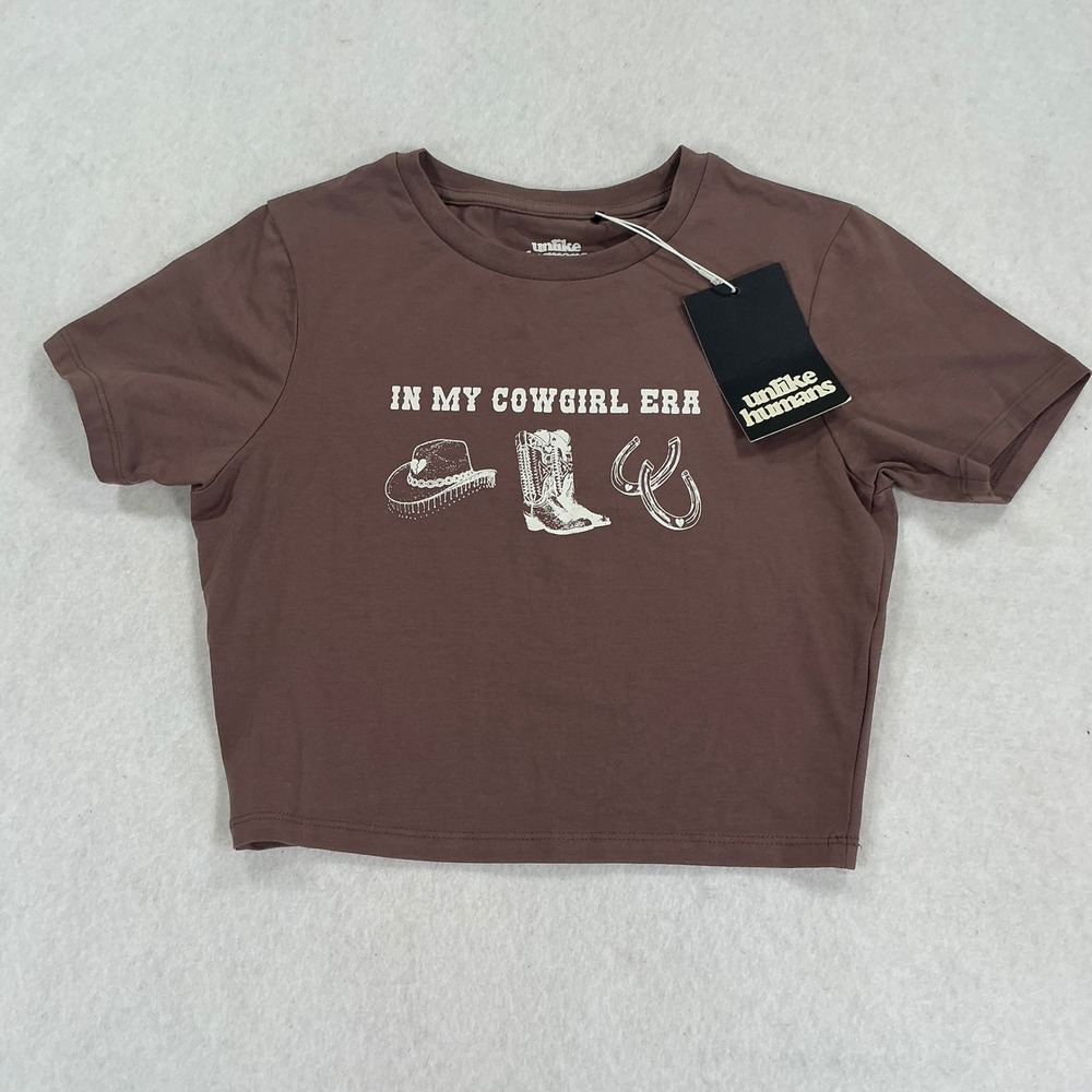 Unlike Humans Cowgirl Era Crop Top T-Shirt Brown Taupe Small UHW10263